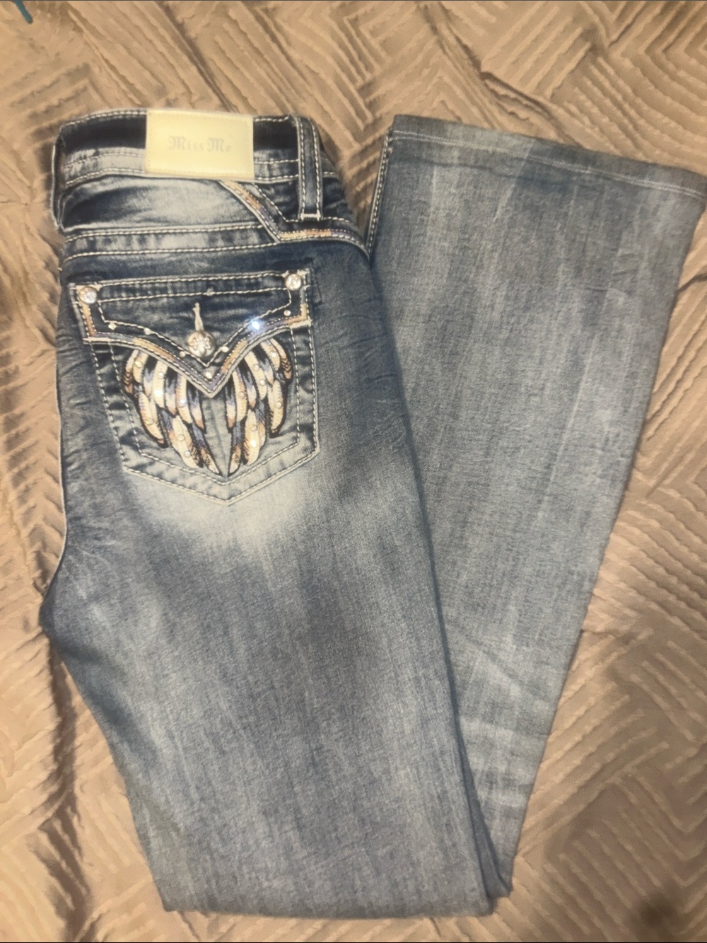 Miss Me Light Blue Boot Cut Jeans with Embroidered Back Pockets
